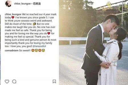 梁家辉女儿晒吻照引关注 chole发文感谢男友的深爱