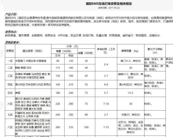 ems到美国的报价表
