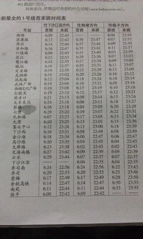 杭州地铁1号线时刻表，杭州地铁1号线价格多少钱